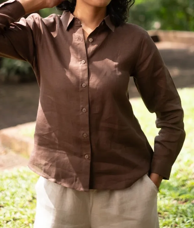 Brown Linen Button-Up Shirt