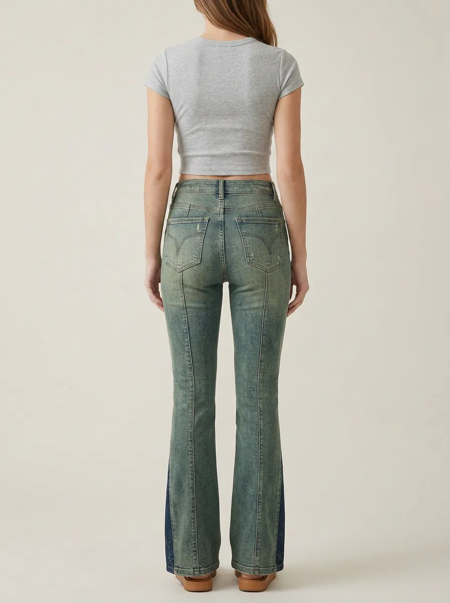Women's Star Print Side Slit High Rise Flare Jeans