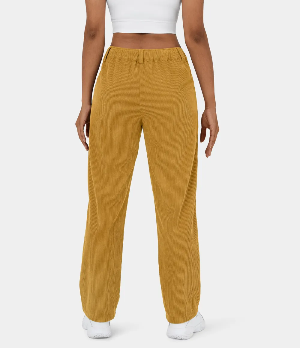 Mid Rise Button Zipper Side Pocket Corduroy Casual Pants