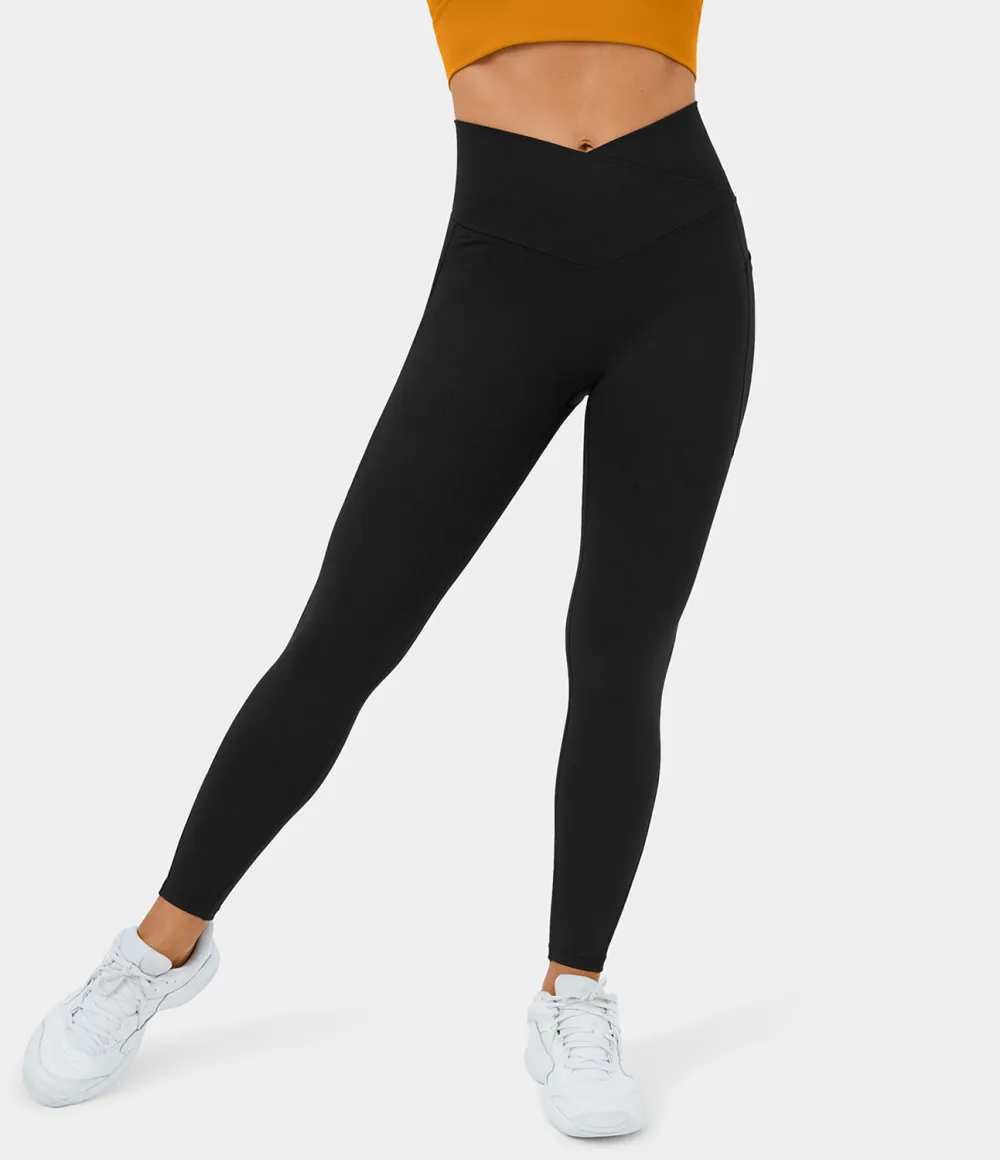 Crossover Side Pocket Stretchy Denim Print Yoga Leggings