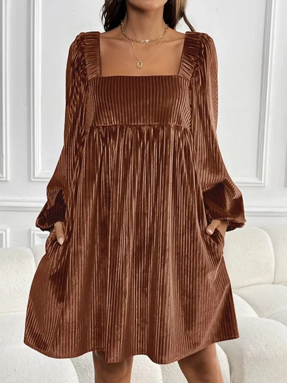 Soft Touch Velvet Square Neck Long Sleeve Dress