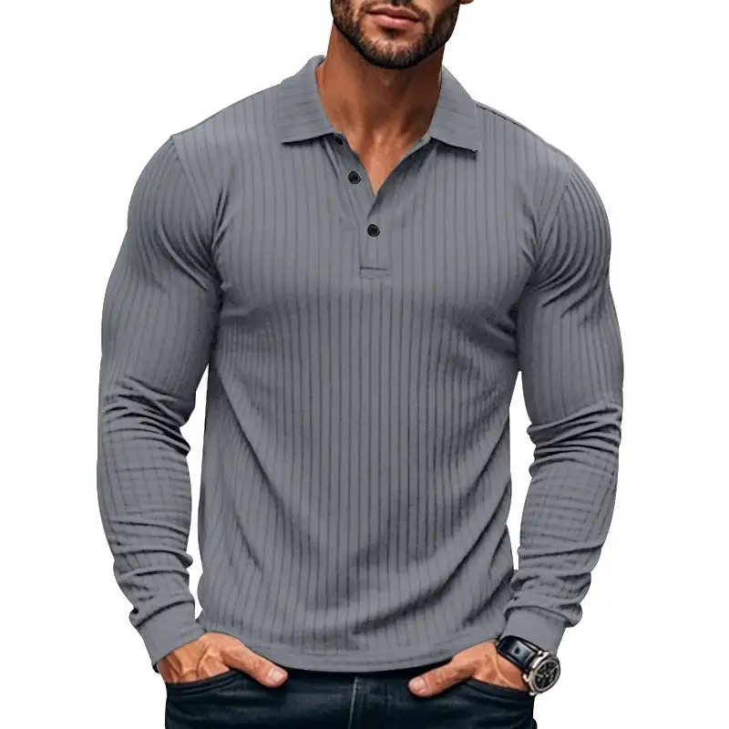 Ribbed Button Placket Spread Collar Polo Shirt