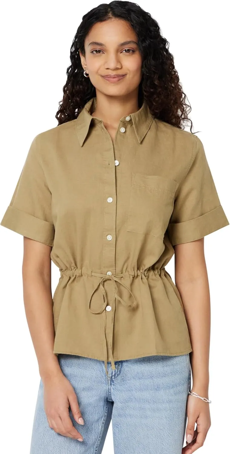Amazon Essentials Women's Relaxed-Fit Linen Blend Wide Sleeve Shirt with Adjustable Waist