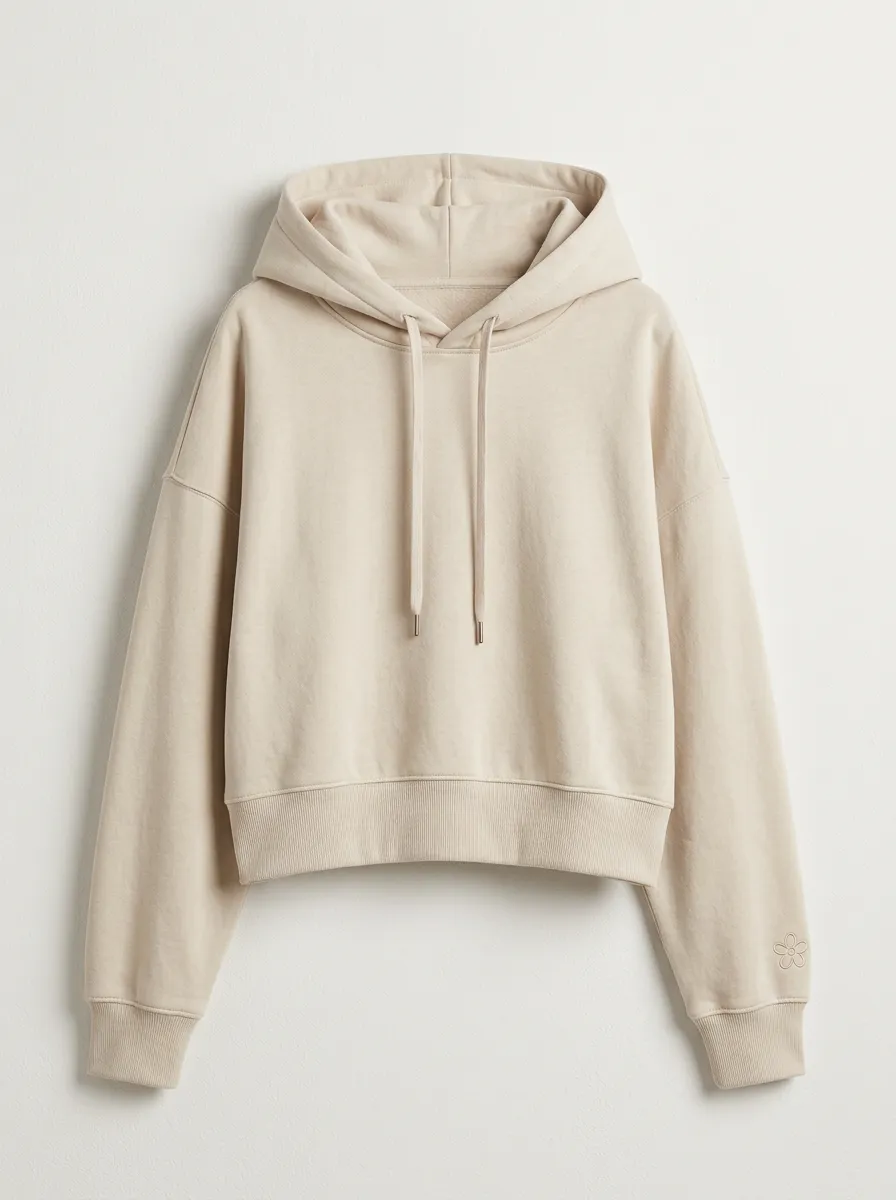 Women's Minimalist Flower Embroidered Solid Beige Hoodie