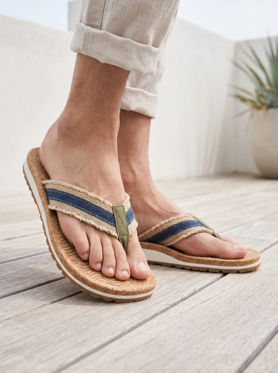 Men's Casual Beachwear Blue Striped Frayed Canvas Cork Printed Flip Flops