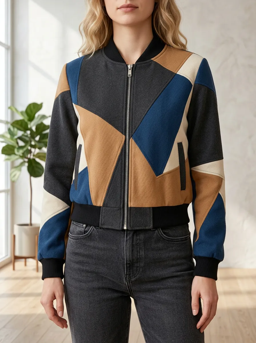 Women's Distinctive Geometric Colorblock Bomber Jacket