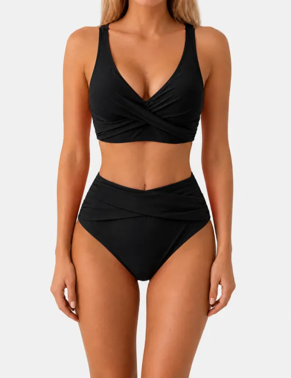 Twist Front V Neck High Waisted Bikini Set