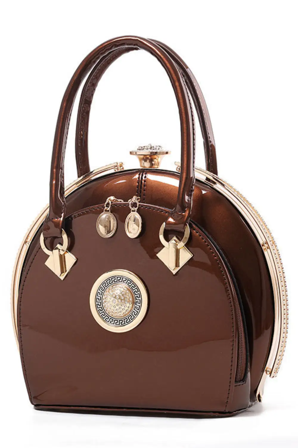 Glossy Black Round Handbag - Vintage Glam Aesthetic