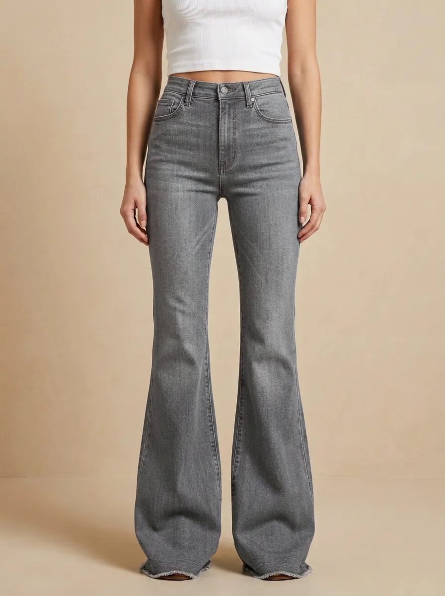 Five Pocket Raw Hem Contrast Stitch Faded Finish Flare Jeans