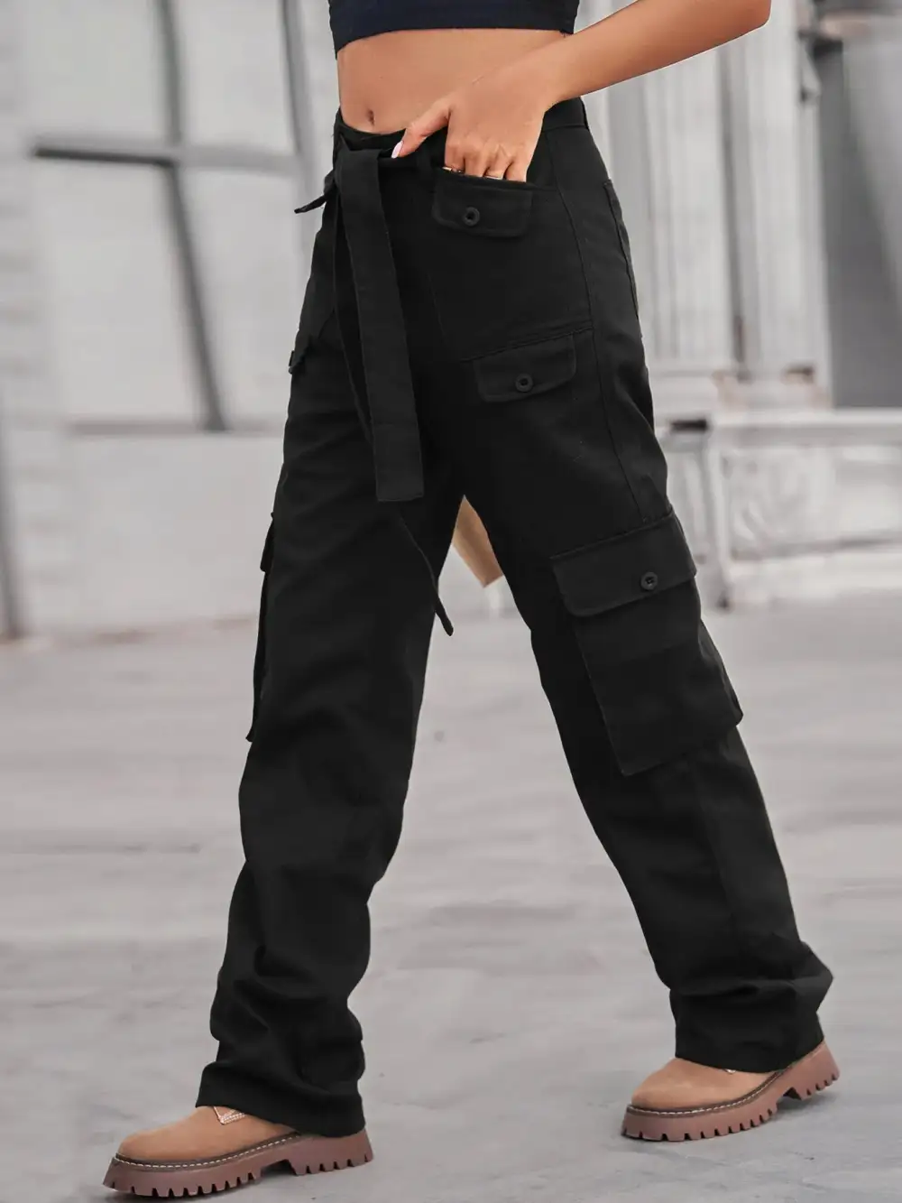 High Waist Cargo Pocketed Denim Jeans