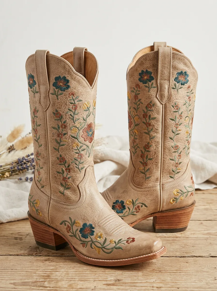 Prairie Floral Embroidered Detail Unisex Western Cowboy Boots