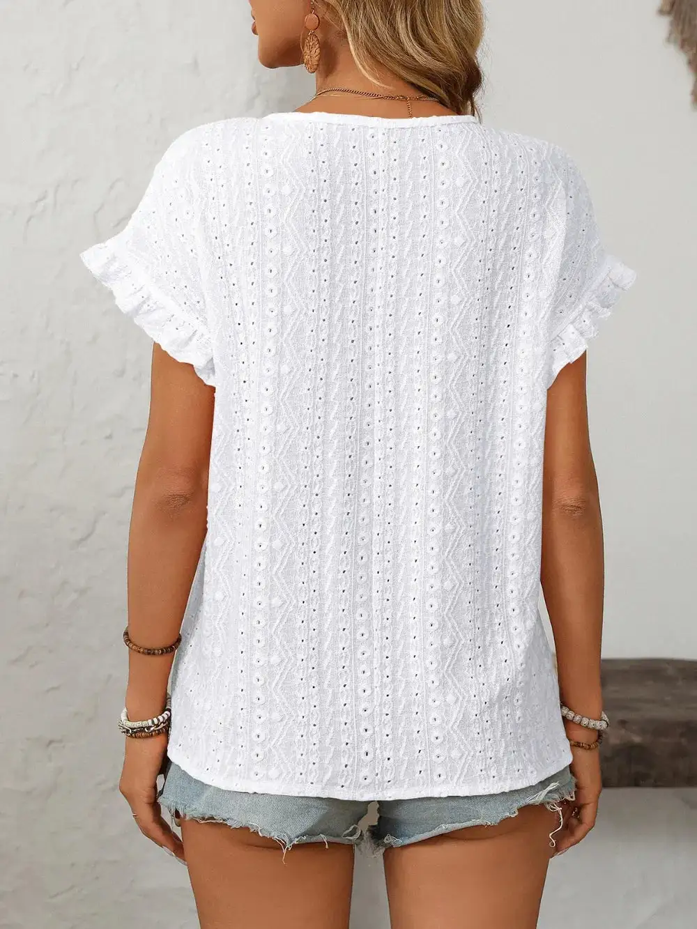 Mandy Eyelet Frill Round Neck Short Sleeve Top