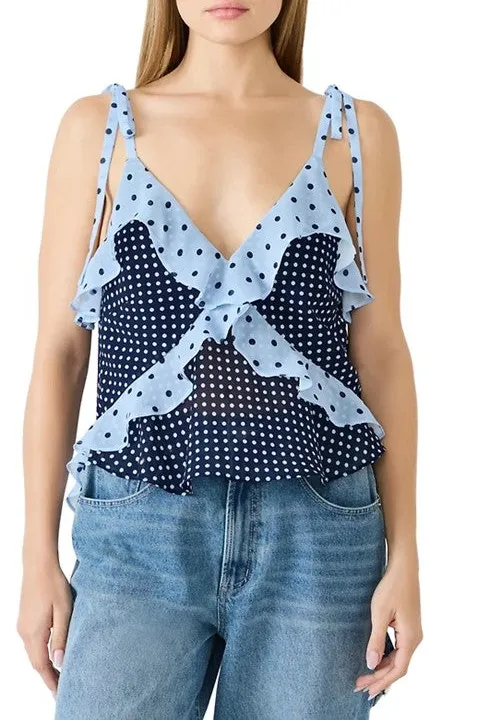 Blue Polka Dot Ruffle Chiffon Cami Top