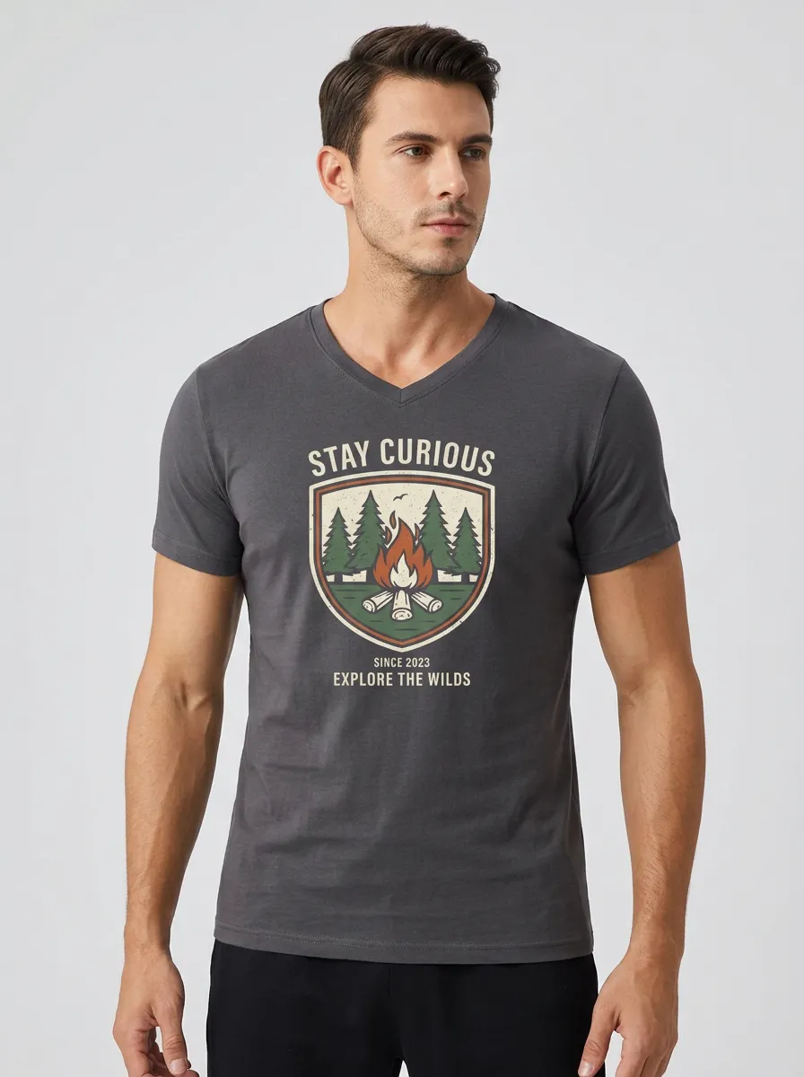 Men's Camping Lover Stay Curious Campfire Forest Printed V-neck T-shirt