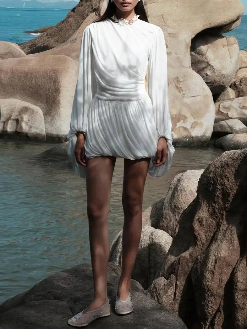 Pleated Design Long Sleeve Mini Dress
