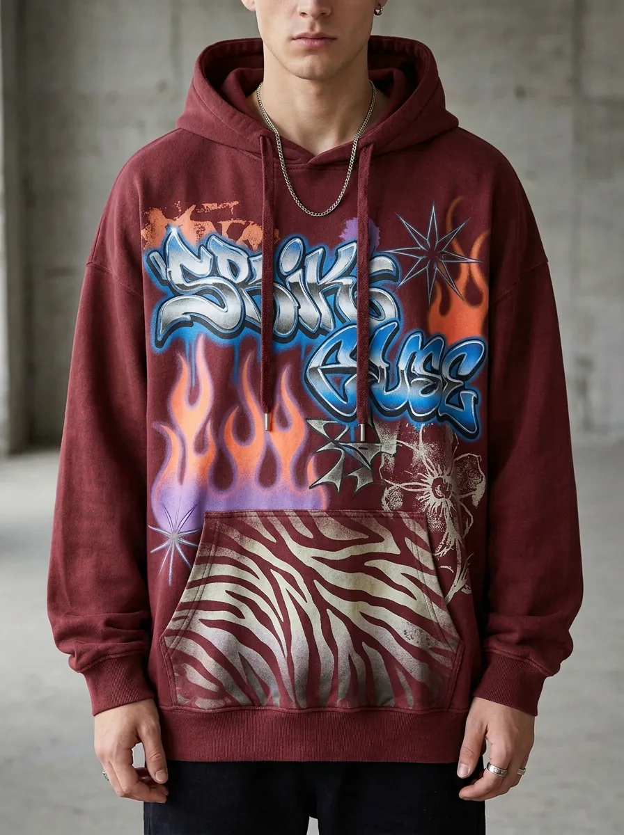 Unisex Streetwear Graffiti Flame Zebra Graphic Hoodie
