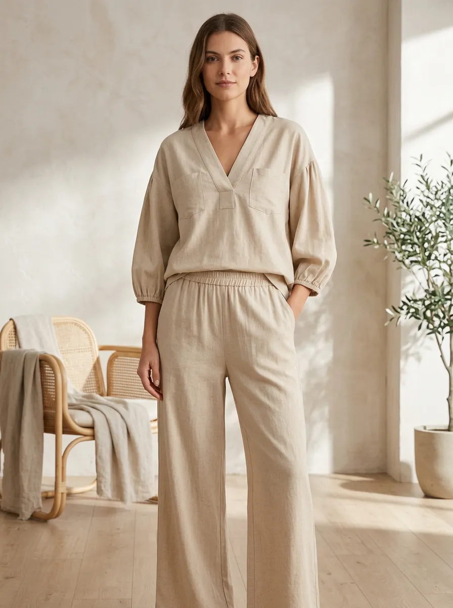 Short-Sleeve Pocket Linen-Blend Women's V-Neck Blouse