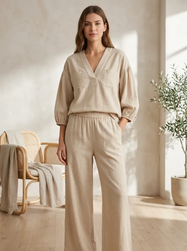 Short-Sleeve Pocket Linen-Blend Women's V-Neck Blouse