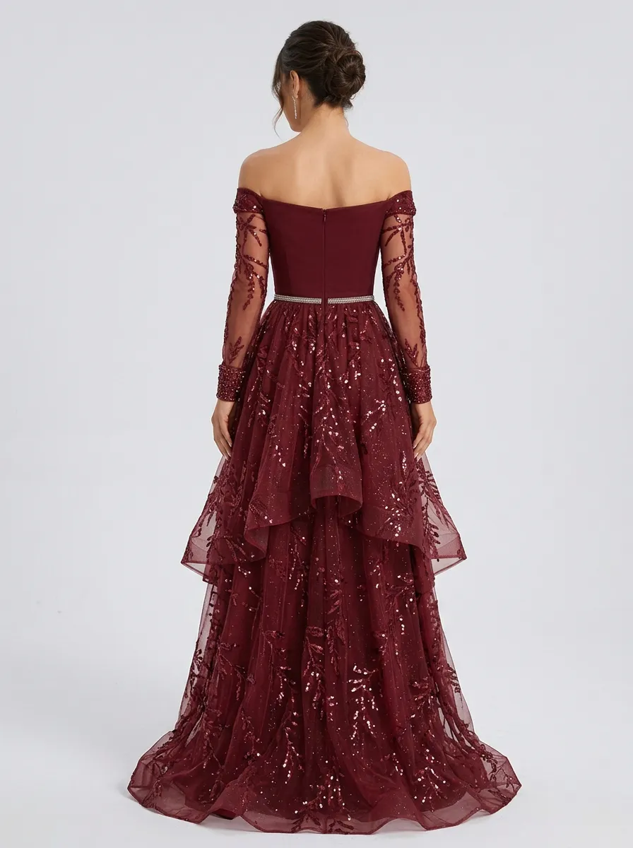 Women's Off-Shoulder Sequin Floral Embroidered Evening Gown