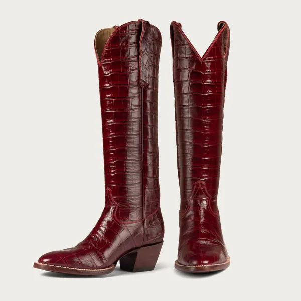 Faux-Leather Crocodile-Embossed Round-Toe Chunky-Heel Knee-High Boots