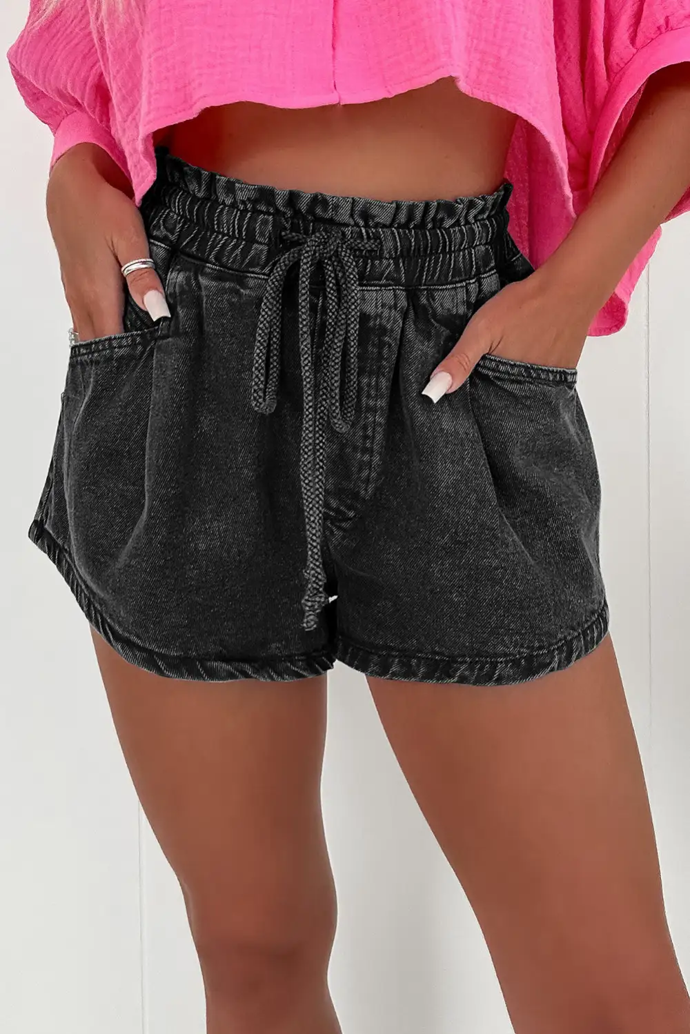 Black Drawstring High Waist Casual Denim