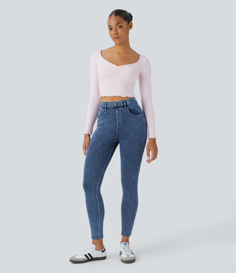 Magic High Waisted Multiple Pockets Stretchy Knit Denim Work Leggings