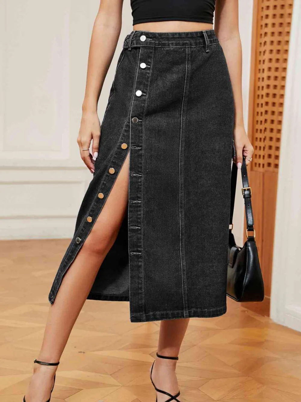 Simple Denim Button Front Skirt