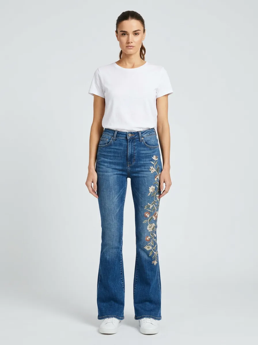 Women's Boho Medium Wash Floral Embroidery High-Rise Flare Jeans