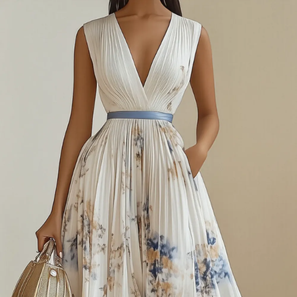  Pleated V Neck Maxi Dress