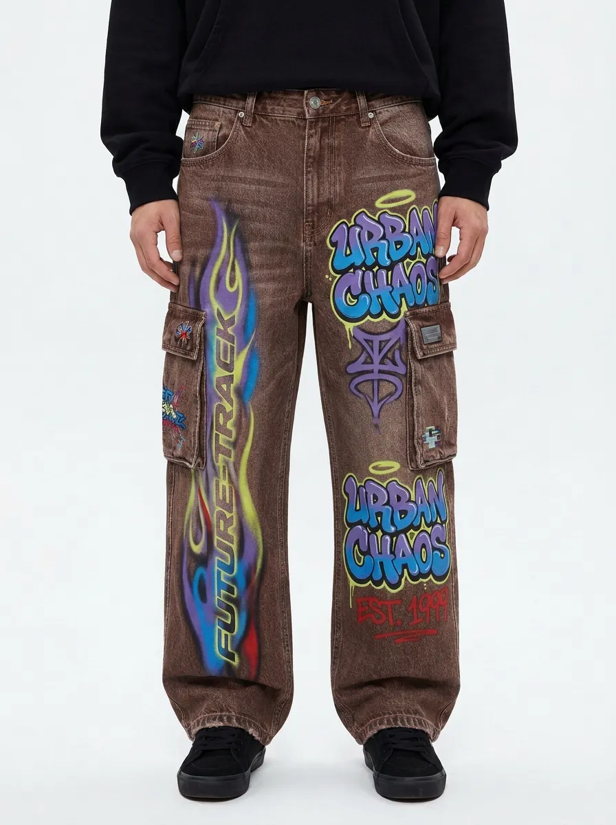 Men's Streetwear Urban Chaos Flame Graffiti Graphic Cargo Jeans