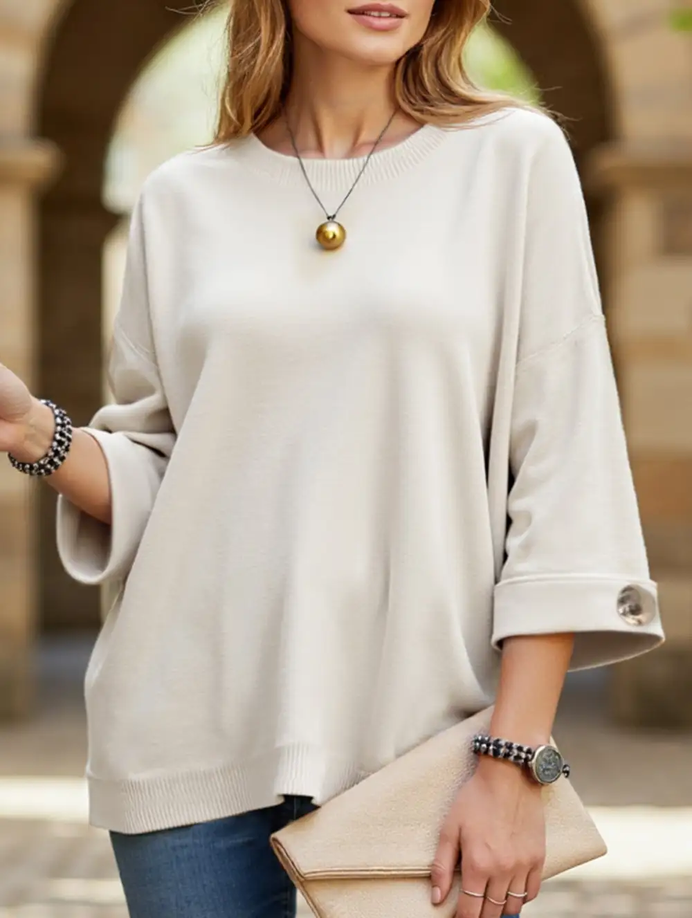 Round Neck and Mid-Sleeve Knitted Top