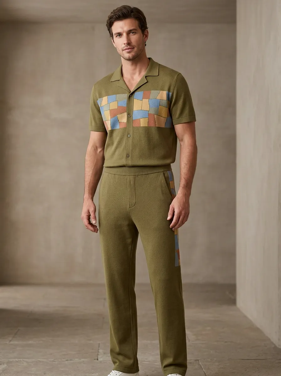 Men's Olive Geometric Patchwork Printed Casual Set