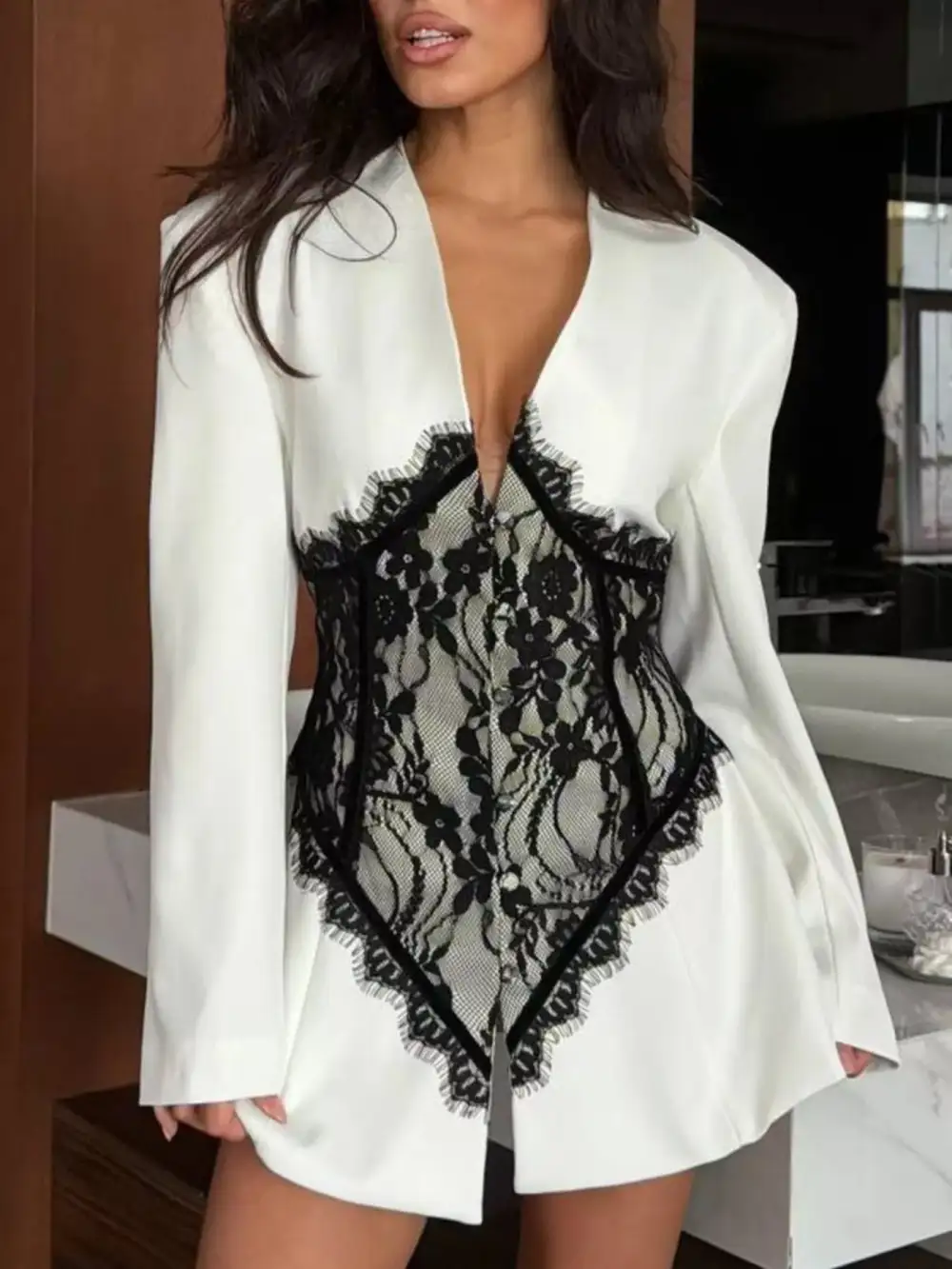 Long-Sleeve Lace-Detail Blazer