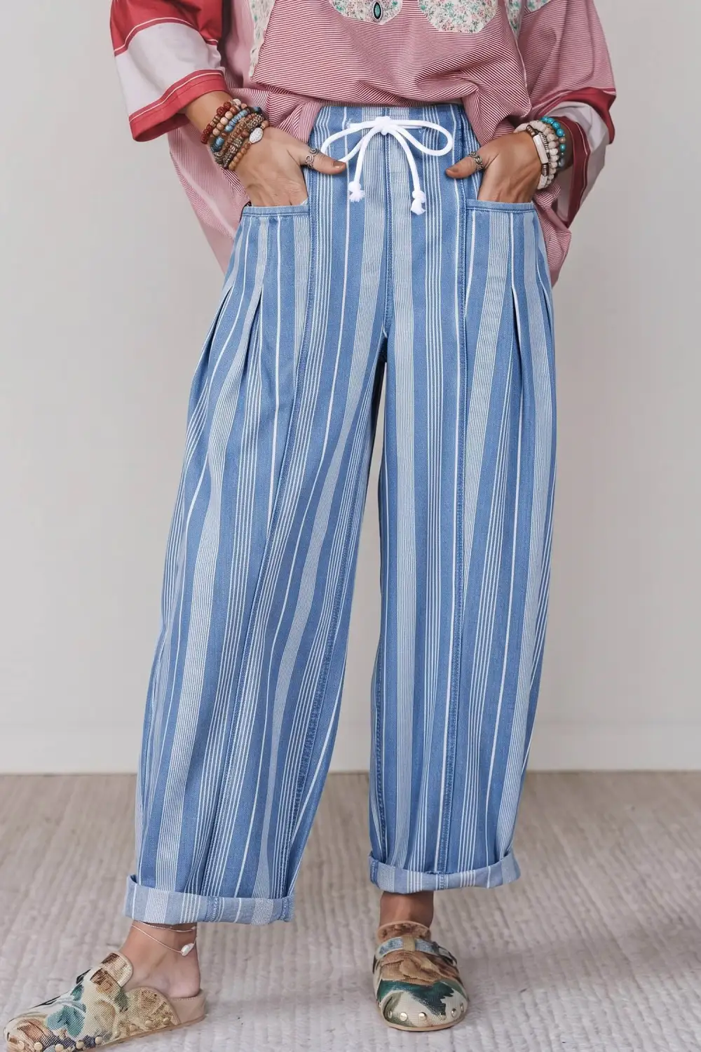 Women's Stripe High Waist Wide Leg Lace Up Barrel Jeans