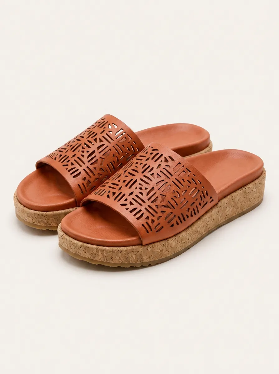 Women's Boho Style Geometric Laser-Cut Cork Platform Slides