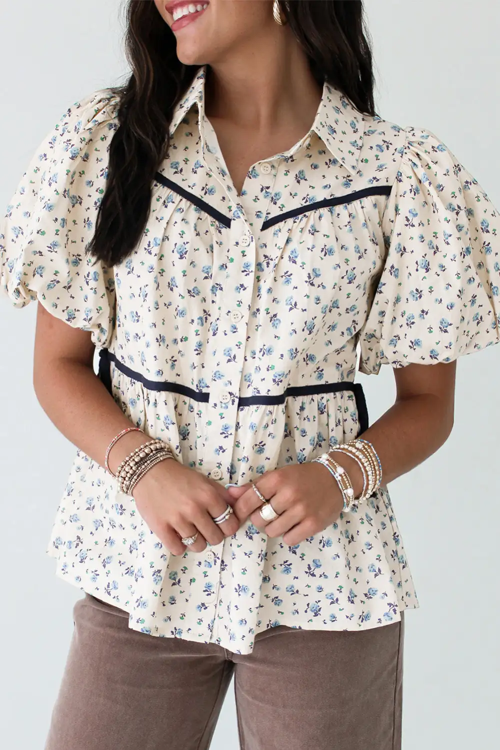 Everyday Floral Puff Sleeve Short Sleeve Shirt Blouse