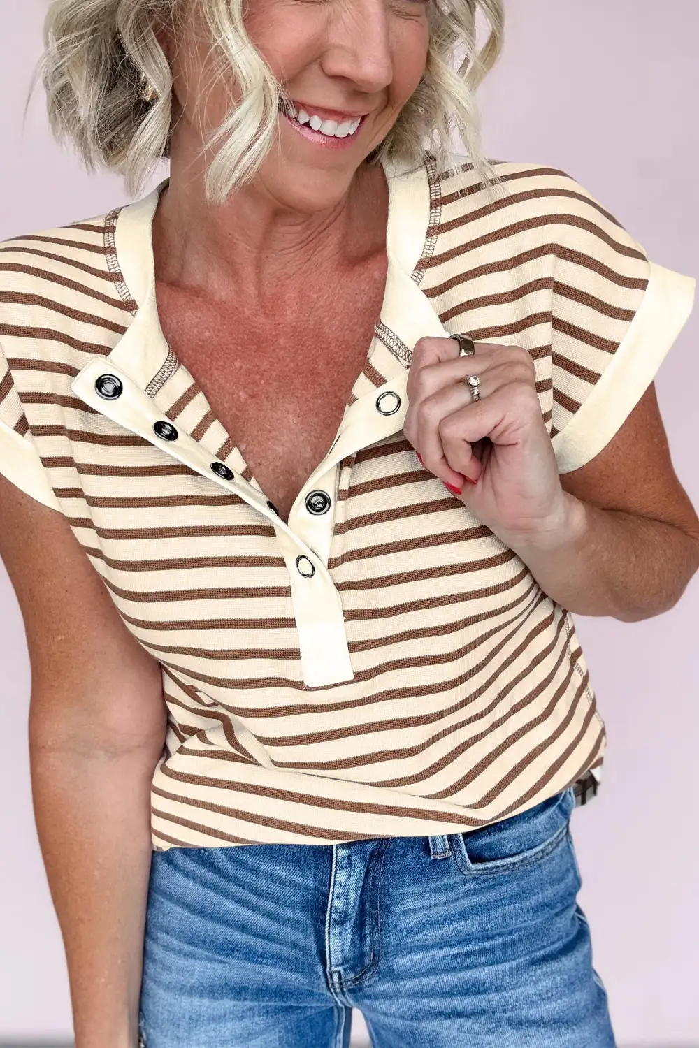 Half Buttons Round Neck Tee