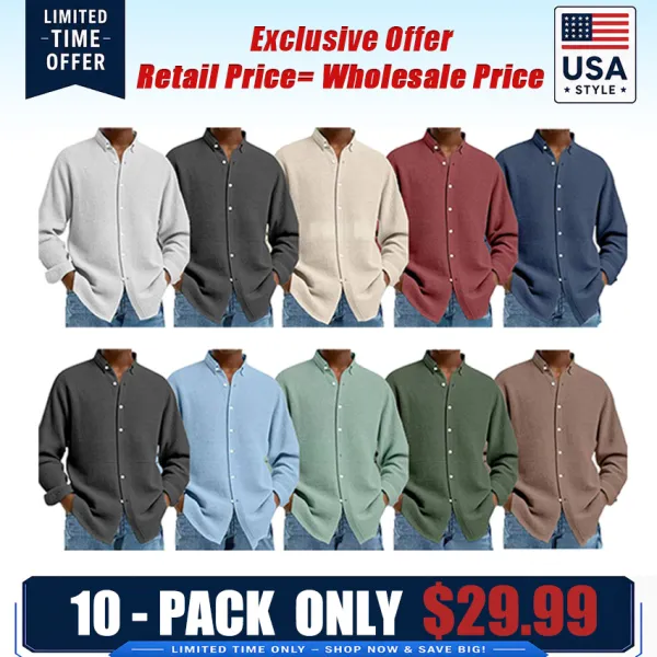 Men's Solid Color Waffle Knit Fashion Casual Long Sleeve Shirt Cardigan