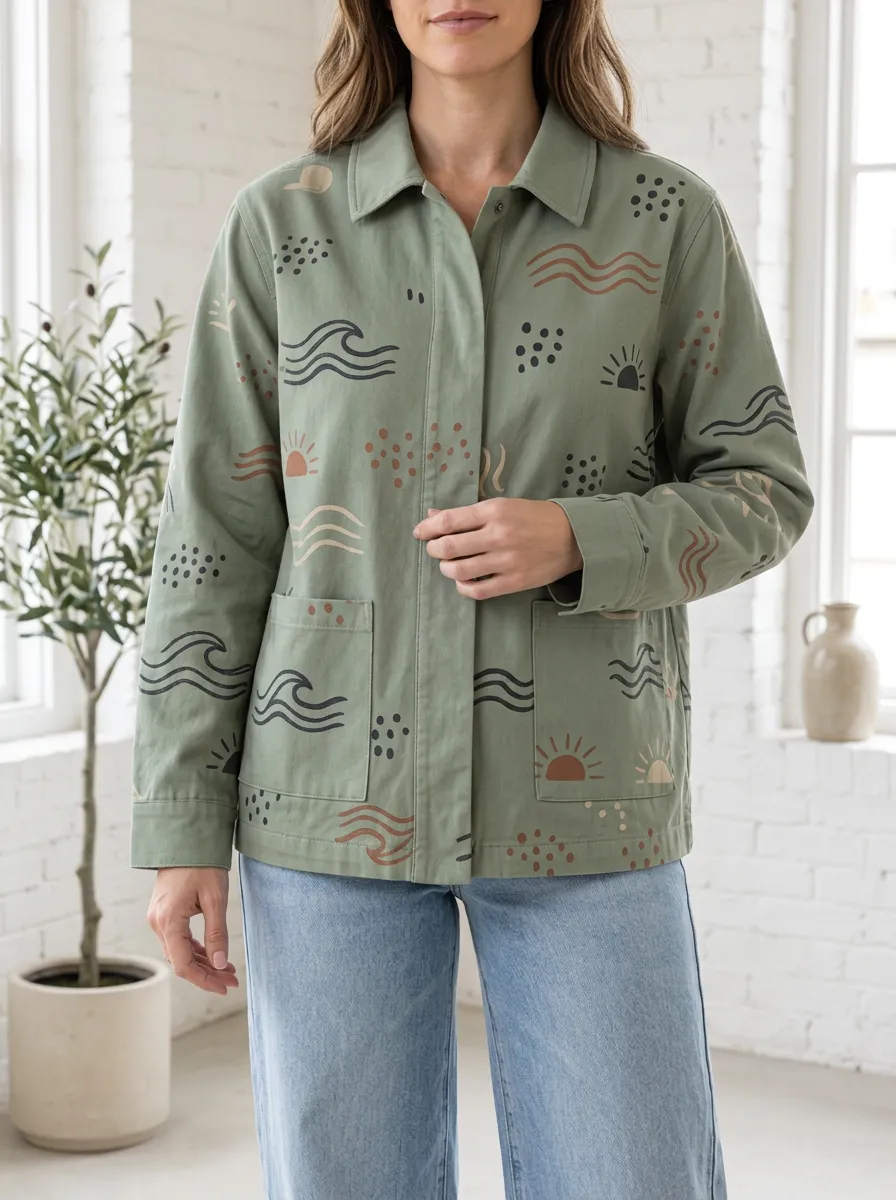 Women's Boho Sun and Wave Pattern Printed Jacket