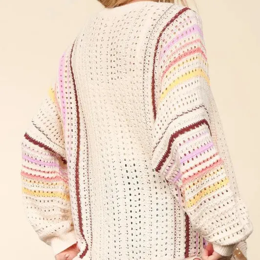 Open Front Crochet Striped Ribbed Knit Cardigan