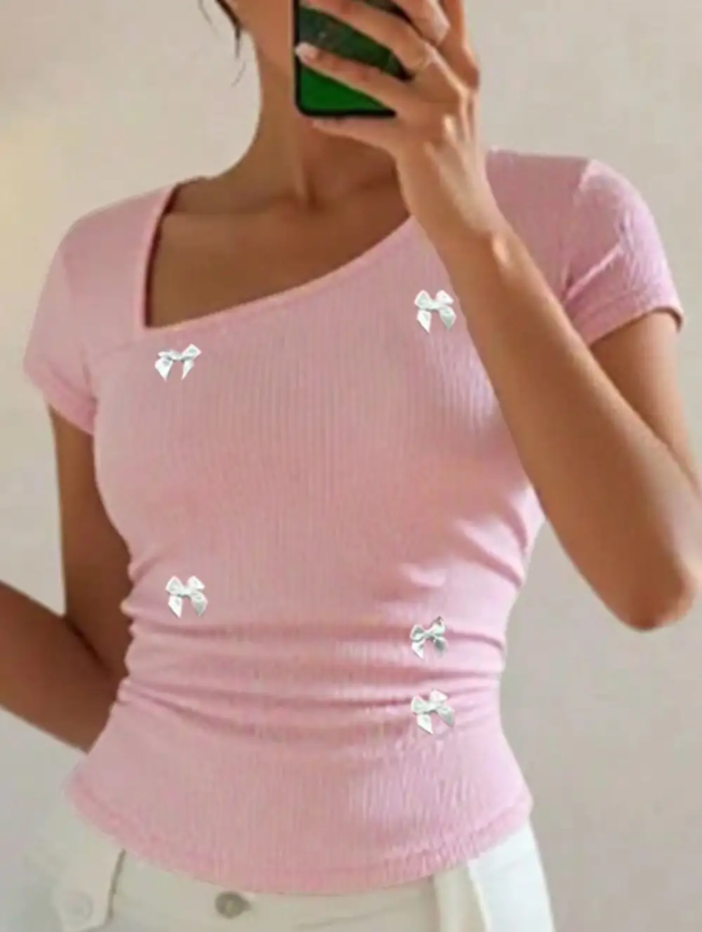 Bow Asymmetric Shoulder Slim Fit Tee