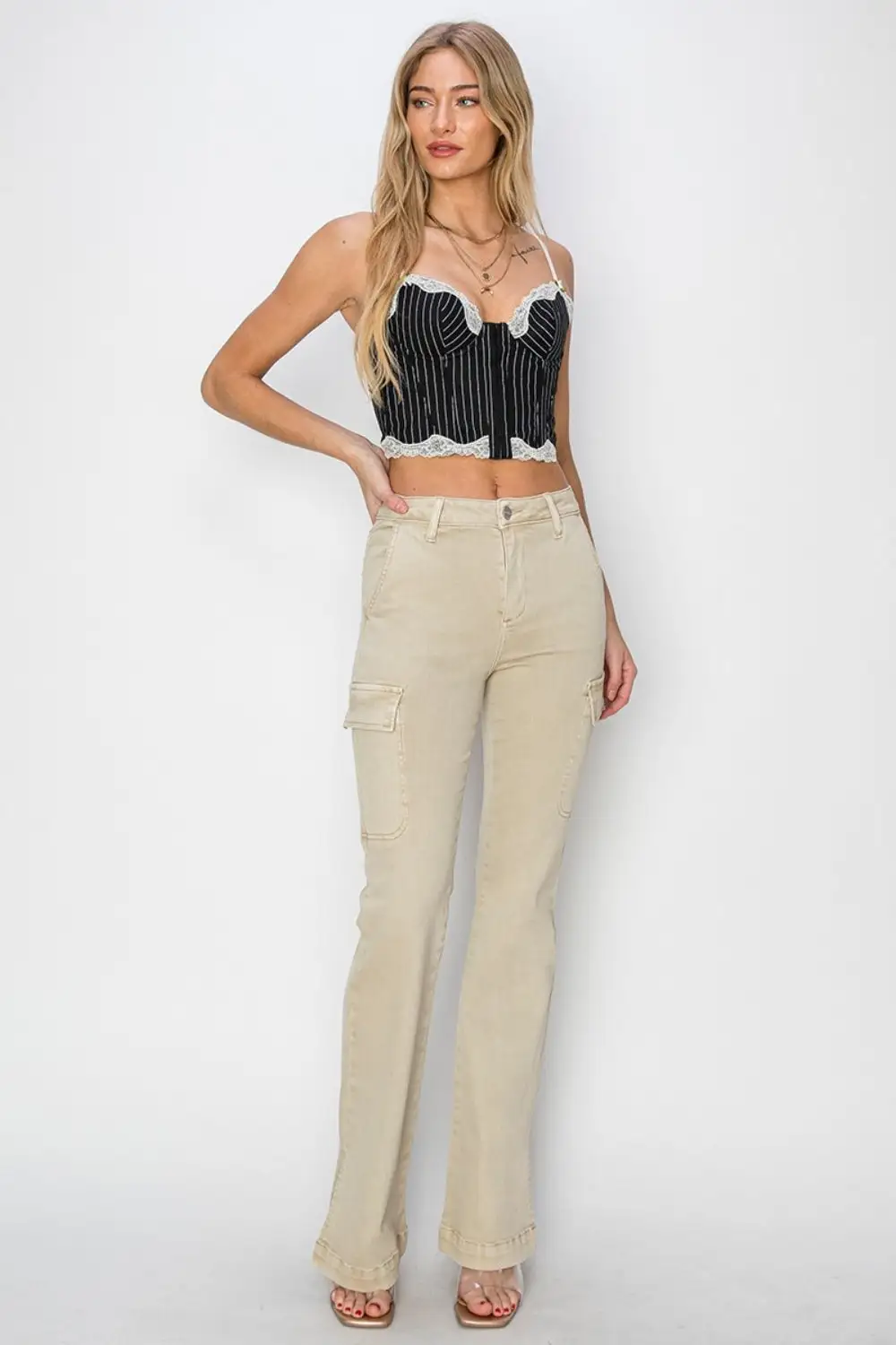 High Rise Side Slit Cargo Bootcut Denim Jeans