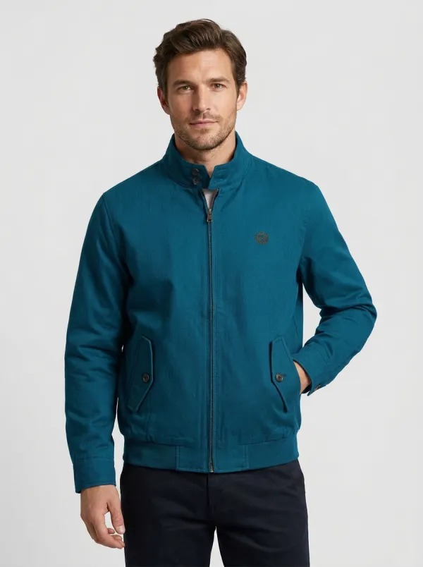 Men's Casual Navy Stand Collar Embroidered Zip-Up Jacket