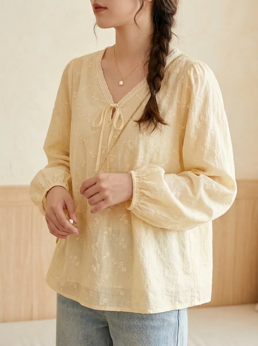 Embroidered Floral V-Neck Women's Puff-Sleeve Blouse