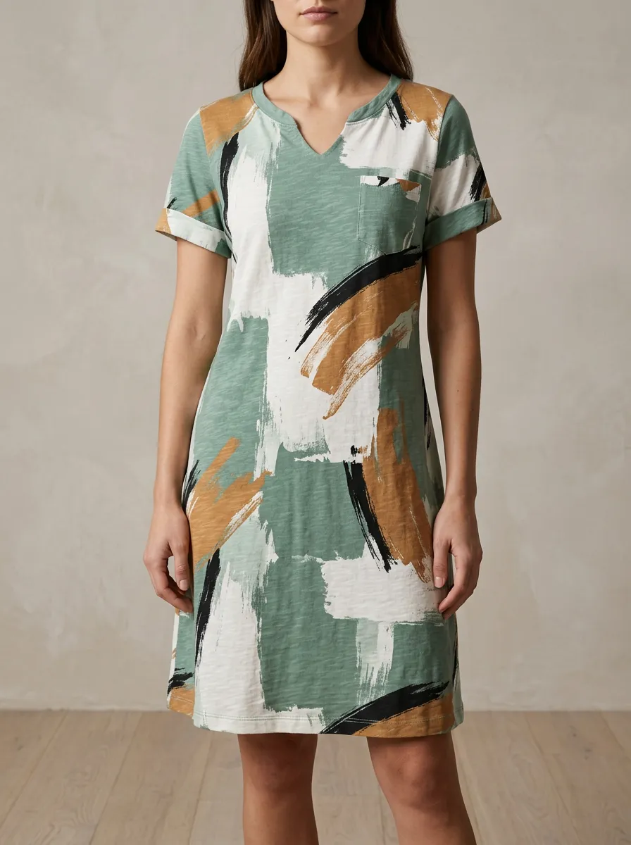 Women's Abstract Brushstroke Green Printed V-Neck Dress