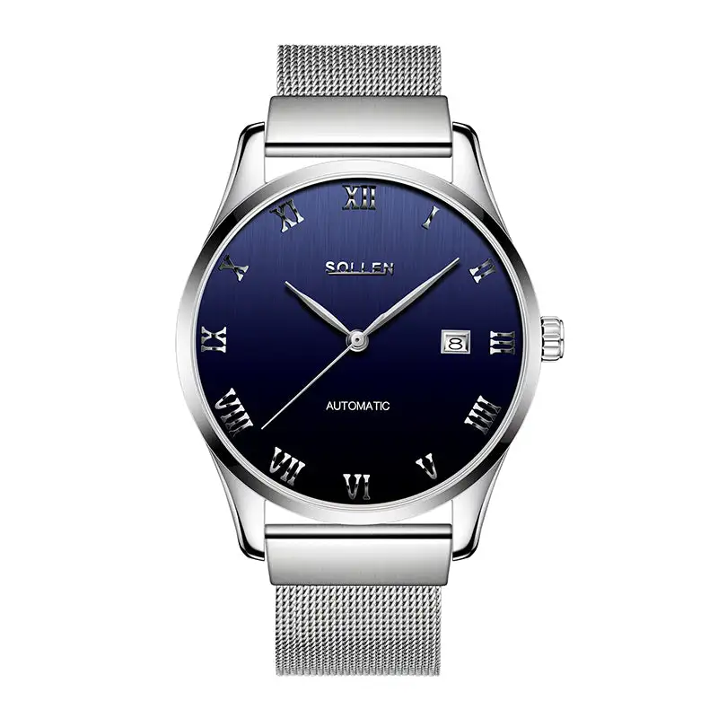 Sollen 9012 Automatic Watch - Men's Roman Sunray Dial Slim Profile Stainless Steel Mesh Strap Wristwatch