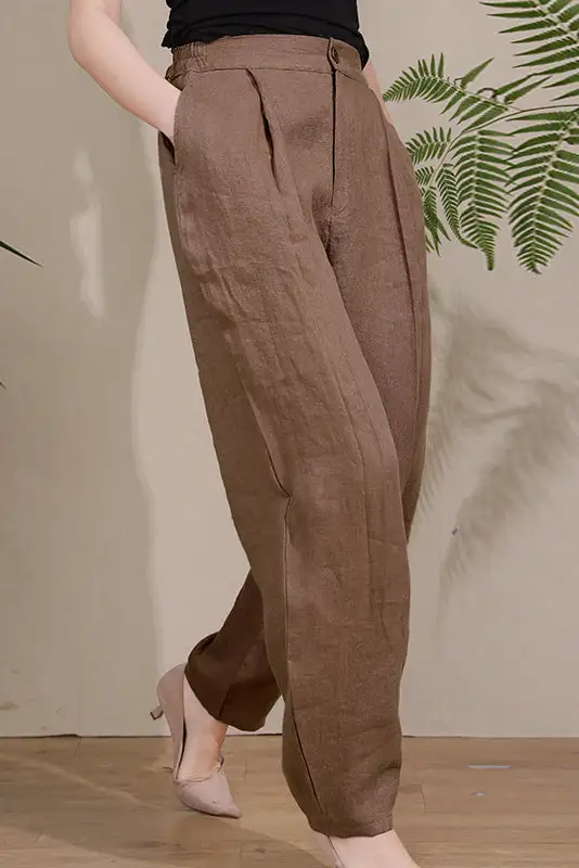 Statement Linen Wide Leg High Waist Pocketed Trousers
