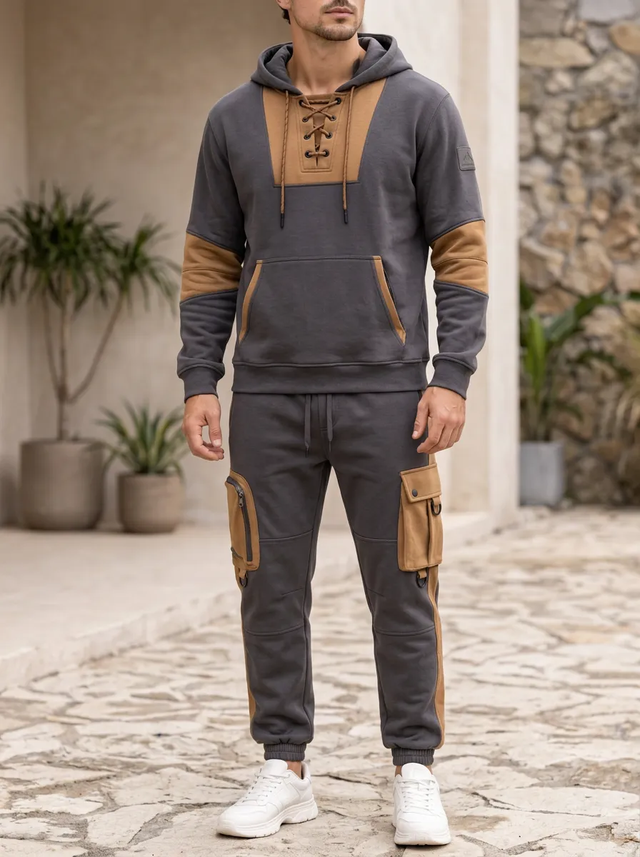 Trail-Inspired Lace-Up Multi Pocket Fit Men's Lace Up Hoodie And Cargo Jogger Set