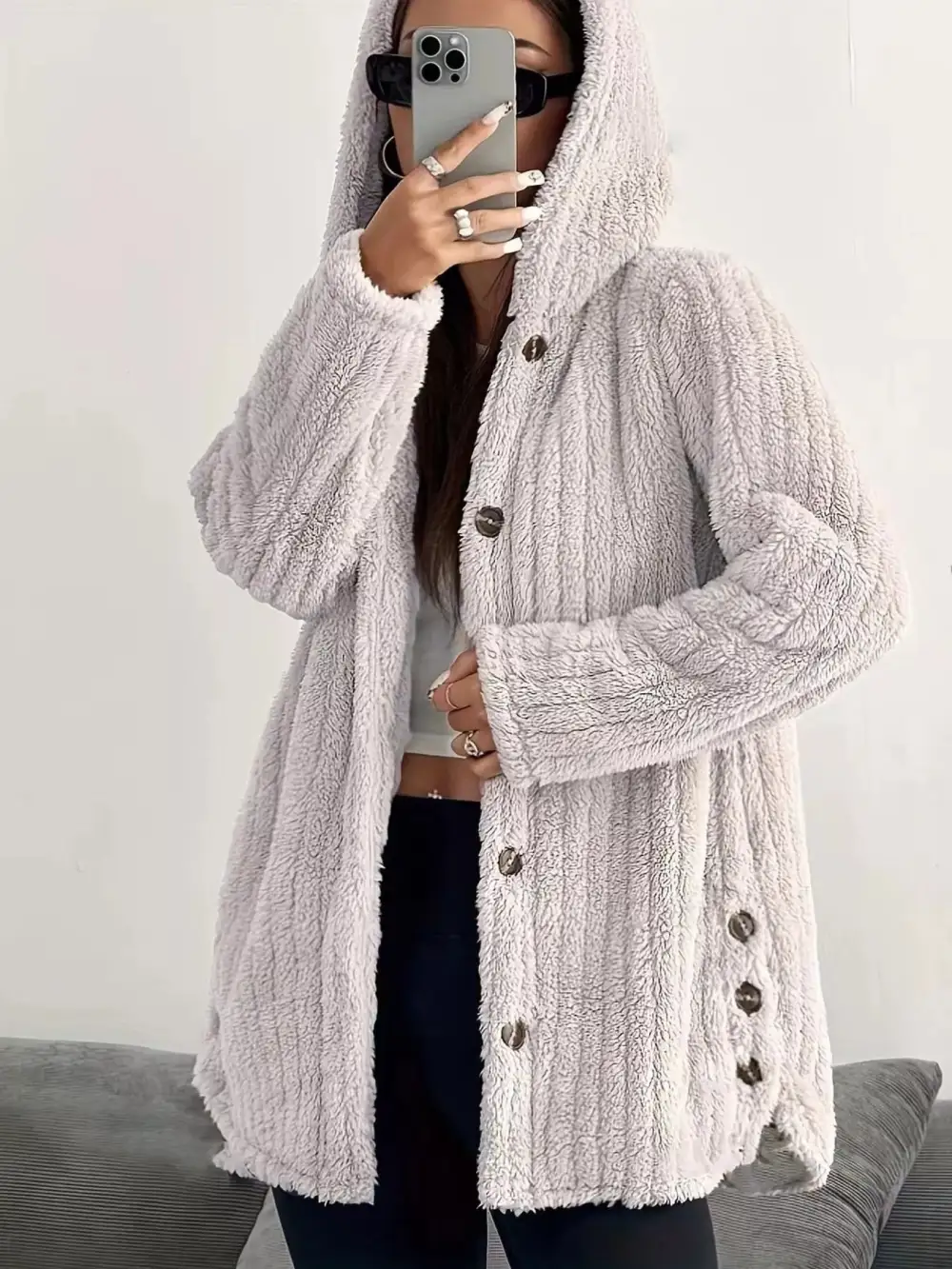 Full Size Fleece Button Up Hooded Outerwear Plus Size