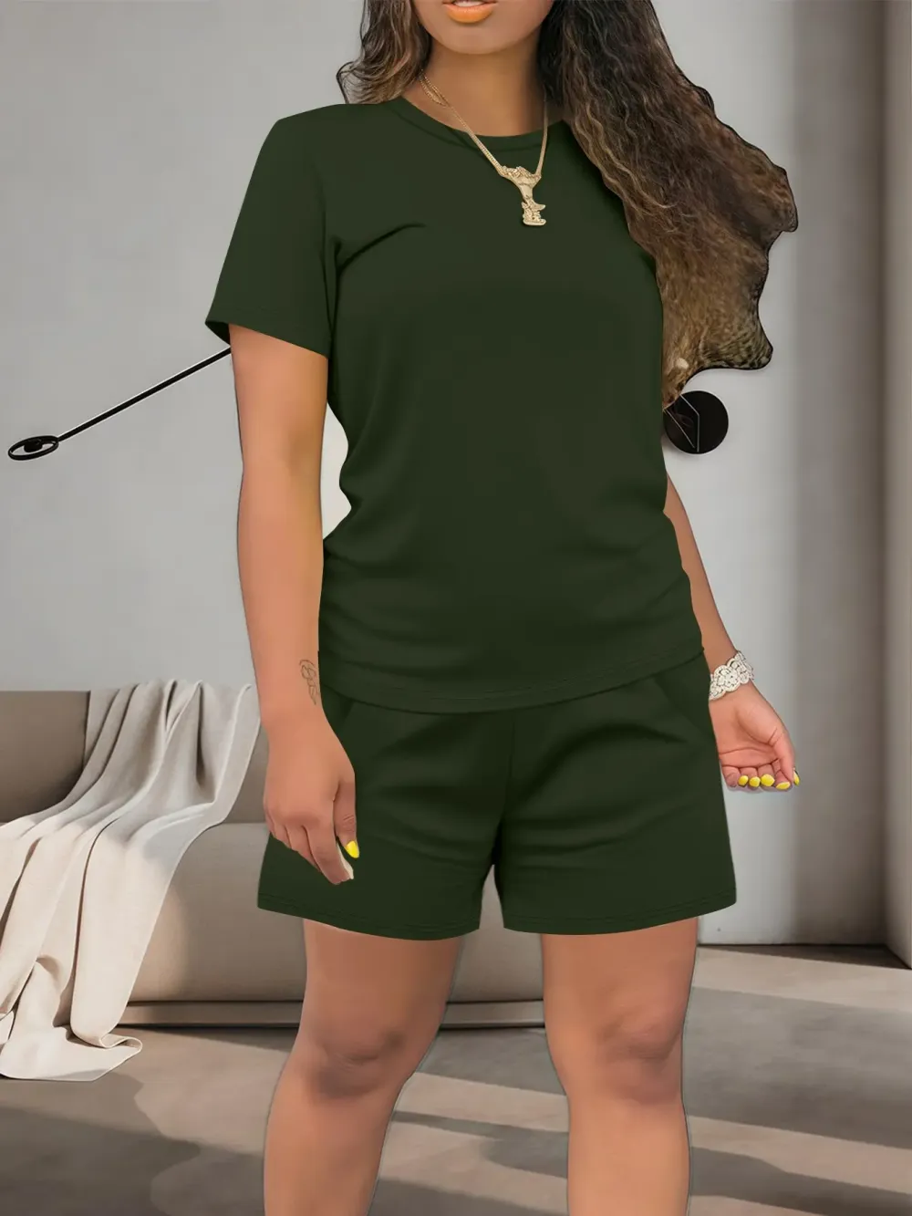 Women's Solid Co-ord Short Sleeve Tee & Shorts Set
